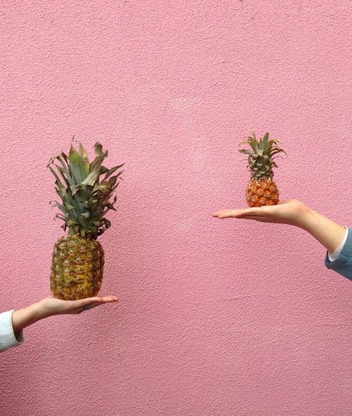 Two hands holding a small and a big pineapple