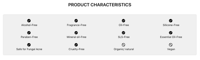 Table showing product characteristics - such as whether the product is fragrance-free or alcohol-free